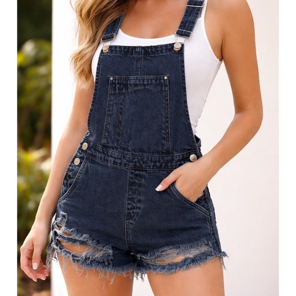 BLANKNYC Pants - Blank NYC Denim Overall Shorts Women's Size 24 Dark Wash Distressed Frayed Hem